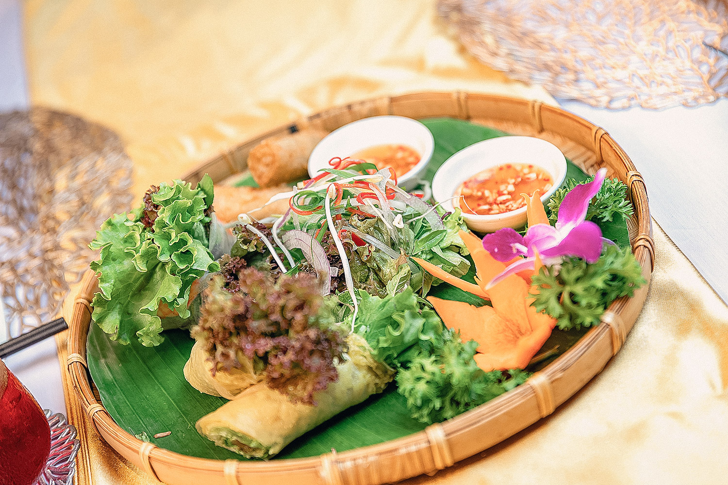 Vietnamese cuisine with fresh herbs